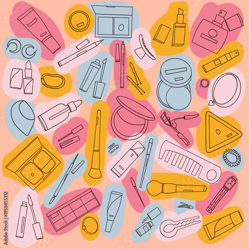 Beauty Cosmetics Outline Seamless Pattern on Peach Background, Makeup Tools Vector Illustration
