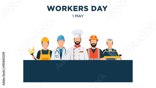 Workers' Day Salute: A diverse group of essential workers stand united, symbolizing the hard work and dedication of laborers across various professions, against a backdrop of recognition. 