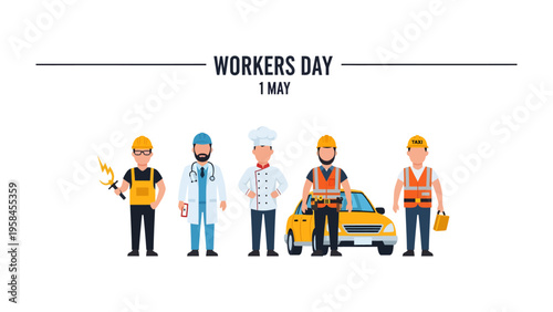 Workers Day Celebration: Diverse professionals representing various trades stand side-by-side, symbolizing the contributions and importance of labor on Worker's Day.