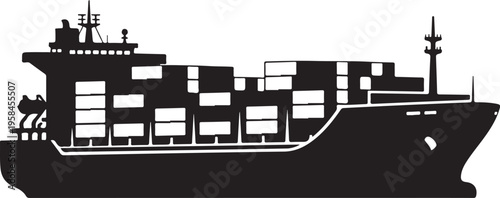 Vector cargo ship silhouette, black and white illustration