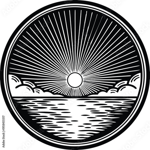 Black and white vector sun rising over water illustration