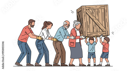 Family Effort: A multigenerational family unites to lift a large wooden crate together, symbolizing cooperation, shared responsibility, and the strength of familial bonds.