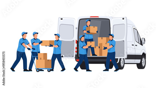 Seamless Relocation: Uniformed movers orchestrate a seamless relocation process, meticulously loading cardboard box into a transport truck, symbolizing efficiency and care.