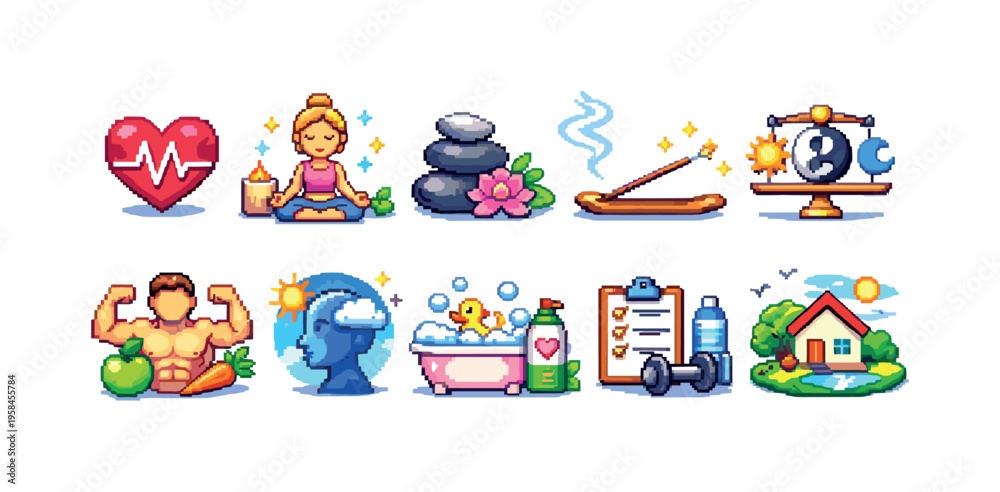 Fototapeta premium Pixel art icons representing healthy lifestyle choices and well-being concepts