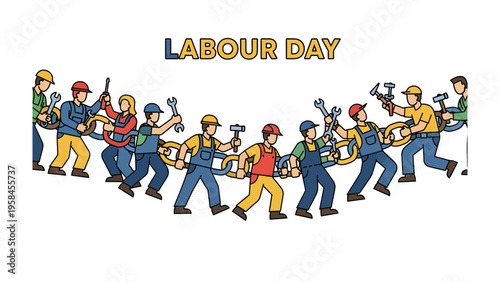 Celebrating Labor Day: A diverse group of workers, united in a symbol of strength and solidarity, march forward to celebrate Labour Day, representing the working class.
