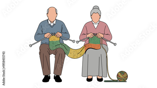 Shared Craft of Knitting: A senior couple shares a tender moment while knitting a scarf together, each holding a needle, their joint effort weaving a colorful pattern of warmth and togetherness.