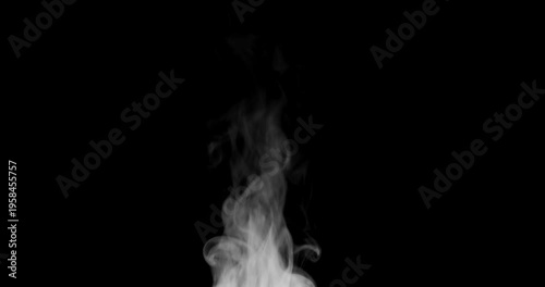 White isolated steam rises in graceful curves on a black background in slow motion. This steam trickle is perfect for overlay use with various blending modes, hot drink or food steam concepts.