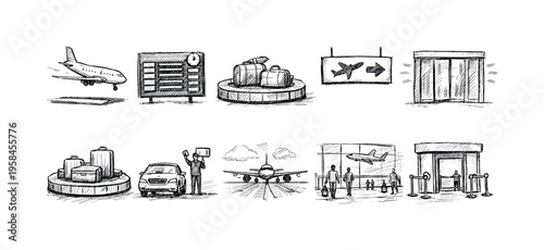 Collection of hand-drawn airport and travel icons depicting various scenes and elements