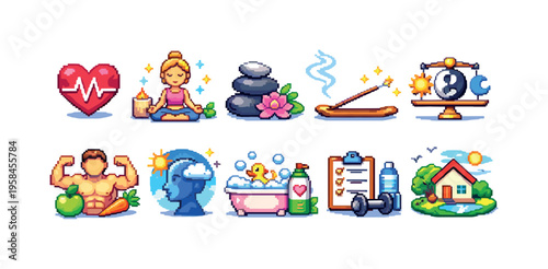 Pixel art icons representing healthy lifestyle choices and well-being concepts