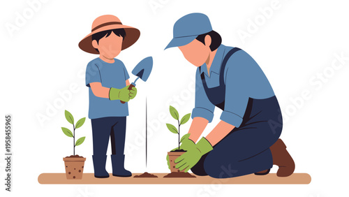 Mother and Child Gardening: A tender scene of a mother and child enjoying quality time gardening, nurturing young plants with care and creating lasting memories together.