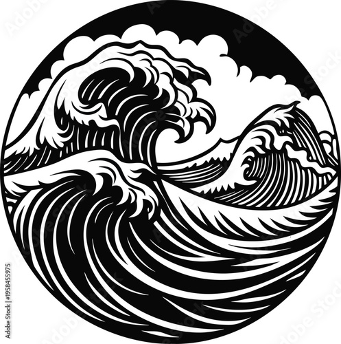 Black and white vector wave illustration
