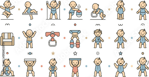 Baby development milestones vector illustration set with infants sitting, crawling, standing, and playing showing growth stages and early childhood activities for kids design.