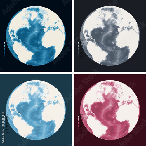 Atlantic Globe Bathymetric Ocean Depth Globe - Orthographic Projection - Scalable Multi-Color Seafloor Relief Topography with Depth Legend Showing Continental Shelves Mid-Ocean Ridges and Abyssal