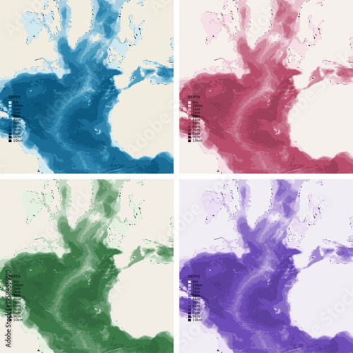 Atlantic Great Circles Bathymetric Ocean Depth Map - Gnomonic Projection - Scalable Multi-Color Seafloor Relief Topography with Depth Legend Showing Continental Shelves Mid-Ocean Ridges and Abyssal
