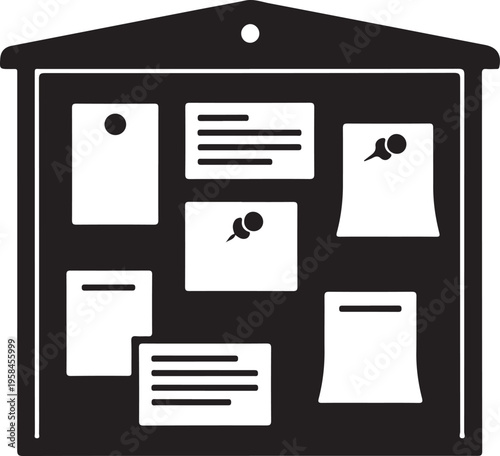 Black bulletin board, vector notice board, pinned papers, office communication tool