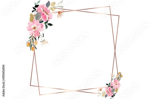 Geometric floral frame, rose gold border, pink flowers, elegant decoration, wedding invitation template