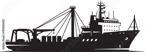 Cargo Ship, Container Vessel, Freight Boat, Black Vector Illustration