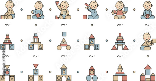 Cute baby playing with educational blocks vector illustration set featuring infants stacking alphabet cubes, building towers, and early learning activities for kids design.