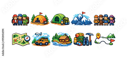 Pixel art collection of outdoor adventure and travel icons