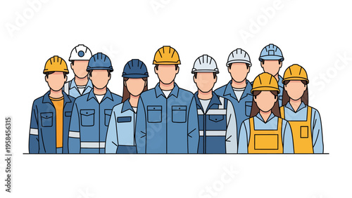 Building Professionals: Group of construction workers, wearing safety helmets, standing together symbolizing teamwork and expertise. A diverse representation of a skilled workforce.