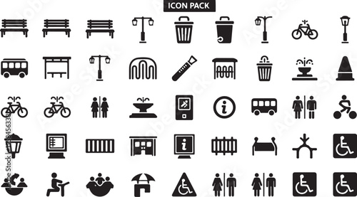 Urban Infrastructure Icons, City Planning Symbols, Transportation Signs, 40 Black Vector Icons