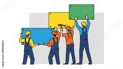 Construction Team: A group of construction workers collaborate to mount vibrant rectangular signs, embodying teamwork and progress.