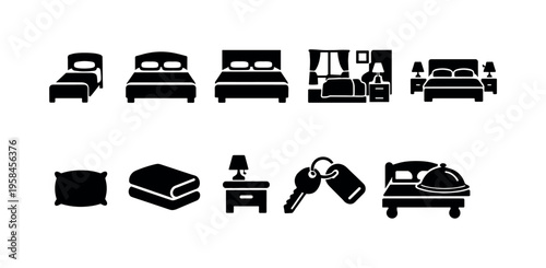 Collection of hotel room and service icons including beds, pillow, blanket, and key