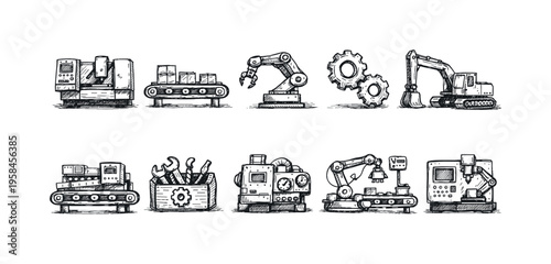 Collection of industrial machinery and automation elements in a hand-drawn sketch style