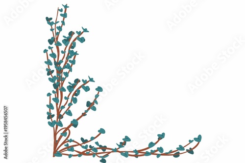 Teal leafy branch, decorative foliage, copper wire stem, natural elements, botanical illustration
