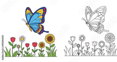 Butterfly and Flower Garden Coloring Page for Kids, Vector Illustration Set with Colored Version and Black and White Line Art, Nature Scene with Sunflowers, Tulips, and Daisy