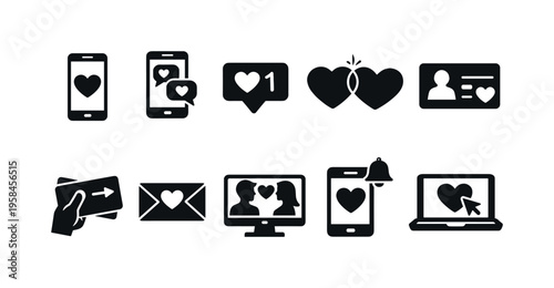 Digital dating icons representing connection, communication, and romance online