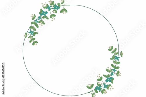 Green leafy circle frame, floral wreath border, eucalyptus foliage, botanical design element