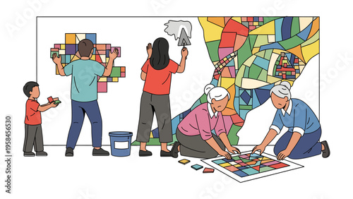 Teamwork Mural Creation: A multi-generational group collaboratively paints a vibrant mural. Featuring diverse individuals, the image exudes community spirit, artistic expression.