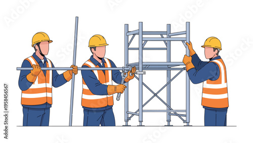 Scaffolding Assemblers at Work: A team of construction workers wearing safety gear meticulously assemble a scaffolding structure, ensuring precision and safety in their task.