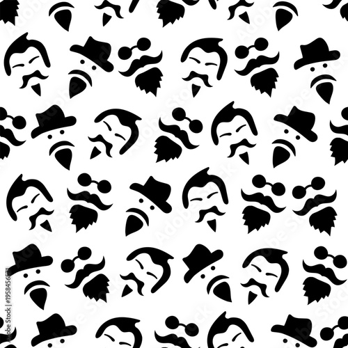 Beard and mustache seamless pattern with hipster man faces in hats and sunglasses. Male grooming, barber shop fashion, masculine character, and gentleman style background