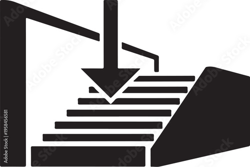 Black and white staircase vector icon, downward arrow, steps illustration, directional symbol