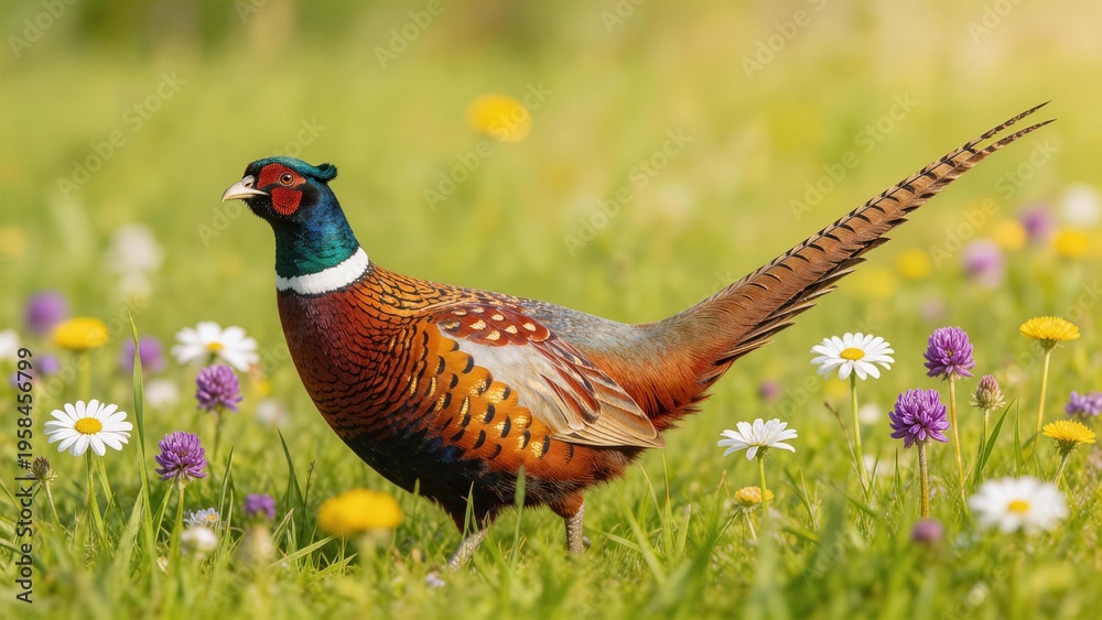 Fototapeta premium Pheasant in Field of Wildflowers