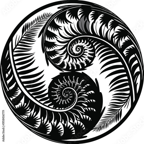 Black and white nautilus shell spiral vector illustration