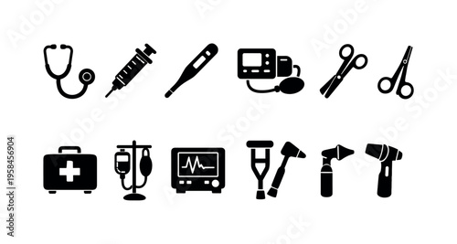 Collection of simple black medical tool icons on a white background