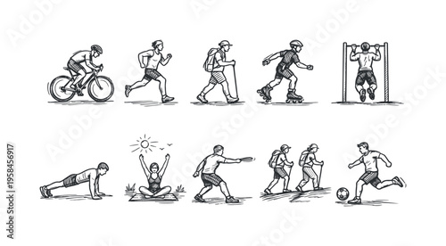 Collection of diverse outdoor and indoor sports and fitness activities depicted in a sketch style