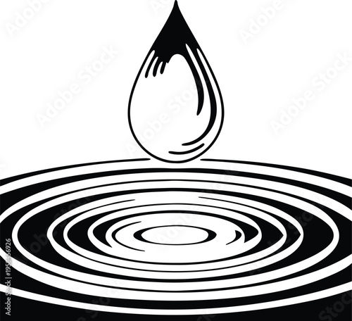 Vector illustration of a single black water droplet creating ripples