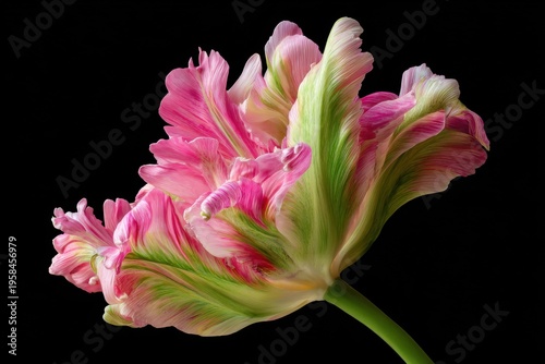 Close-up of a parrot tulip with fringed petals, vibrant pink and green,