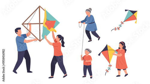 Soaring Together: Vibrant illustration of families and individual flying kites, capturing the simple joy of togetherness and playful outdoor activity. 