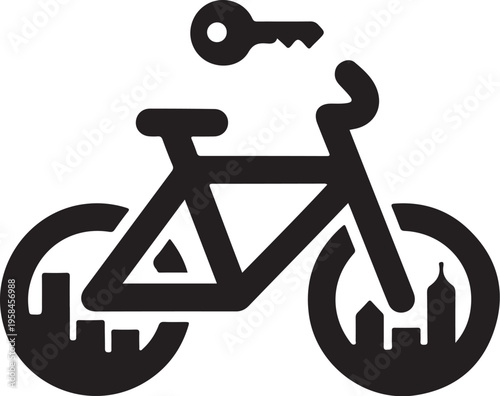 Black bicycle icon with key, city skyline, urban transportation symbol