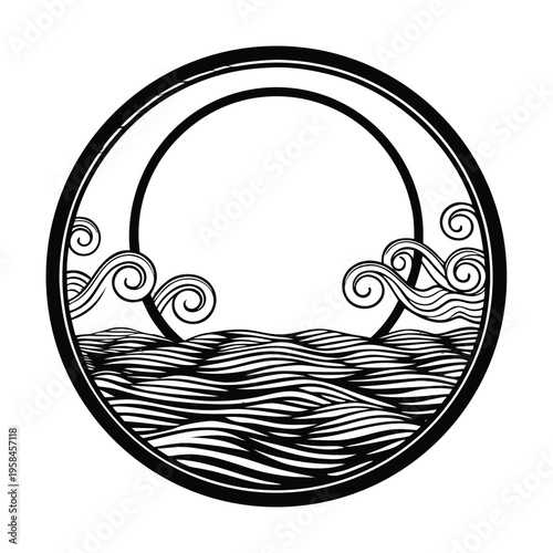 Black and white ocean wave circular illustration vector