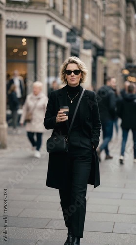 A stylish blond woman in sunglasses walks confidently through a busy street. People of various ages and ethnicities surround her in an urban setting.