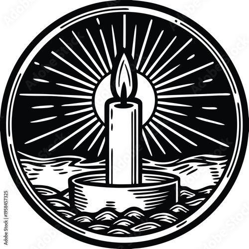 Vector candle icon with sunburst background