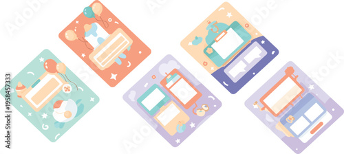 Cute baby photo frame cards vector illustration set with pastel backgrounds, playful toys, and decorative layouts for nursery memory albums and kids design.