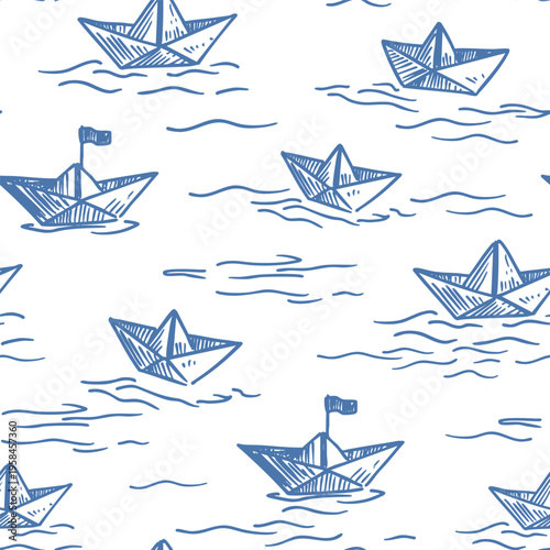 Paper boats seamless pattern, hand drawn vector illustration