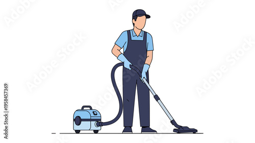 Janitor at Work: A diligent janitor employs a vacuum cleaner to methodically clean a space, focusing on cleanliness and organization.